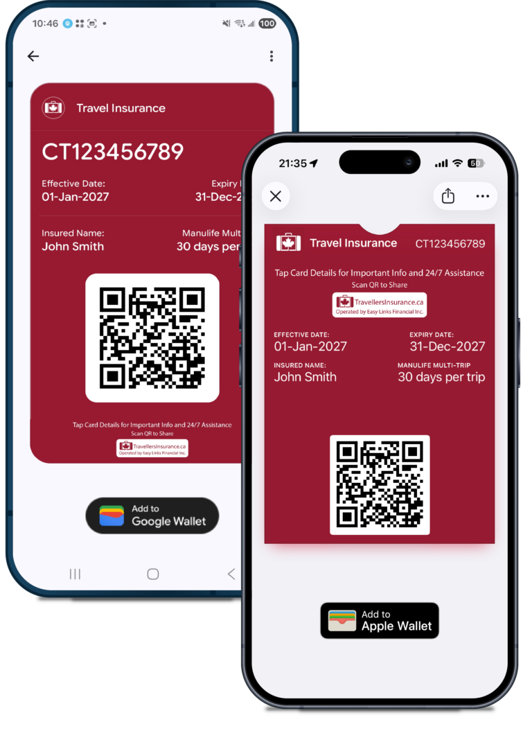 Travel insurance digital wallet card on Android and iPhone, with Add to Google Wallet and Apple Wallet buttons